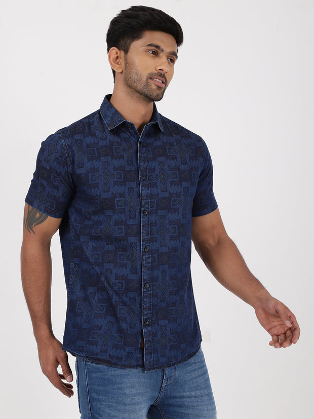 Navy Blue Geometric Pattern Half Sleeve Shirt (GP089)