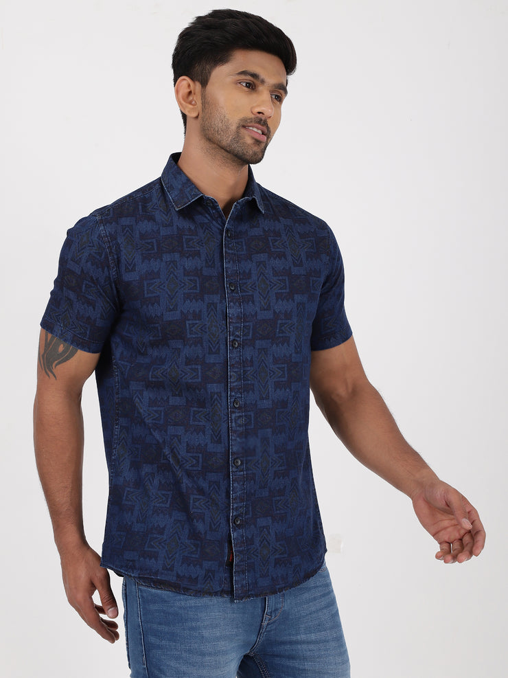 Half Sleeve Shirt - Navy Blue Geometric Pattern (GP089)