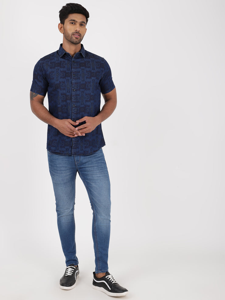 Half Sleeve Shirt - Navy Blue Geometric Pattern (GP089)