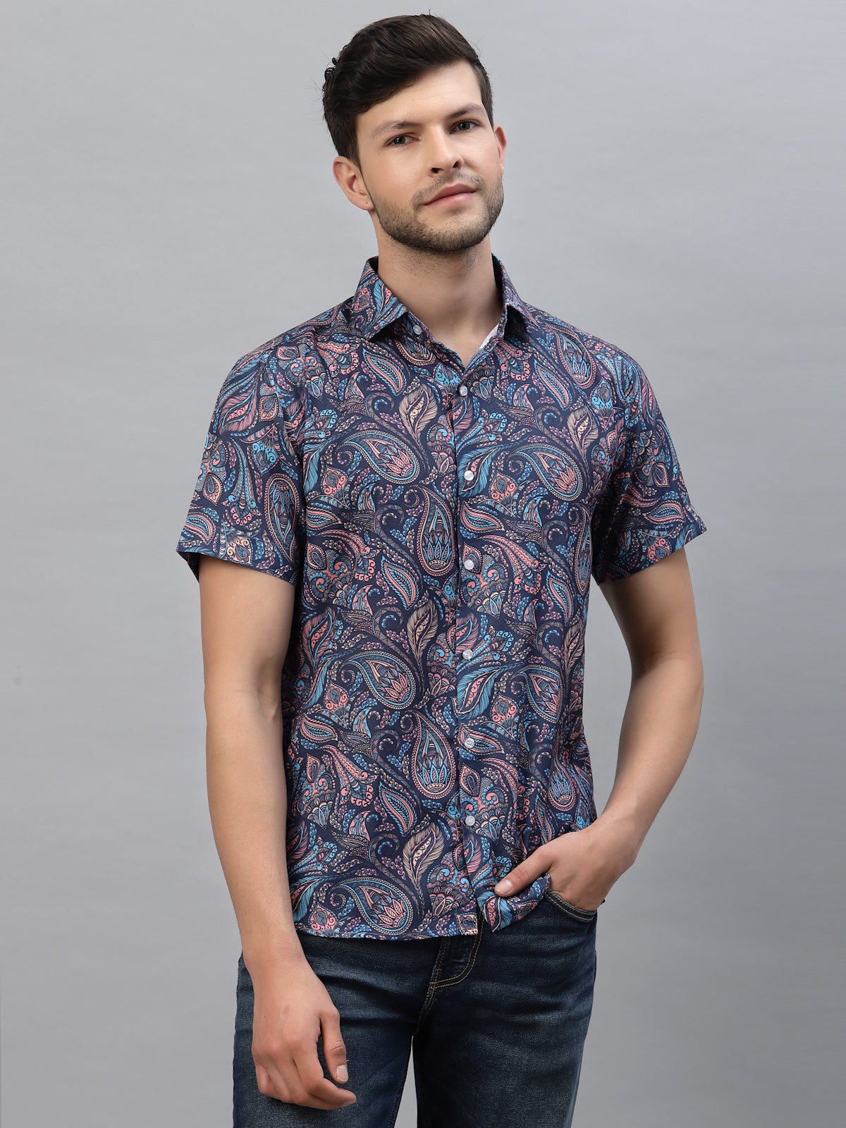 Purple Floral Printed Half Sleeve Shirt By Gavin Paris